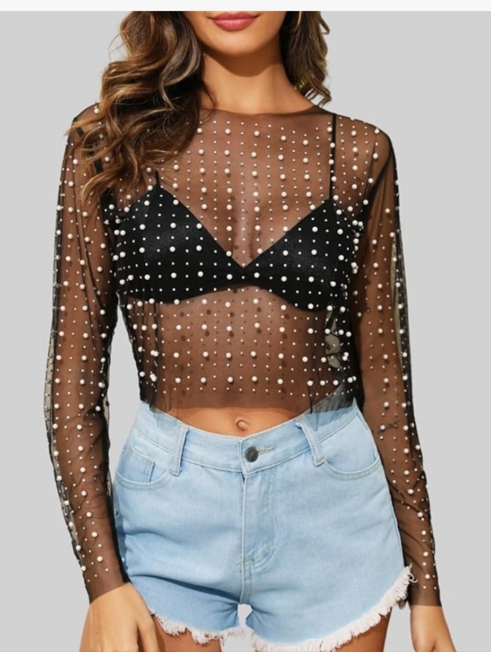 Sheer Black Mesh Pearl Embellished Long Sleeve Top Beaded Night Out Layering